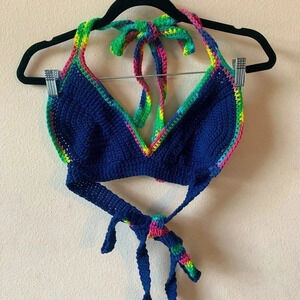 Crochet Knit Halter Bikini Top Womens Blue Multi-color Beach Festival Large B/C